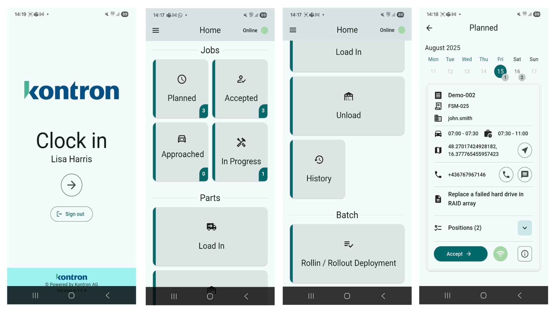 Kontron Mobile App Home & Job Dashboard