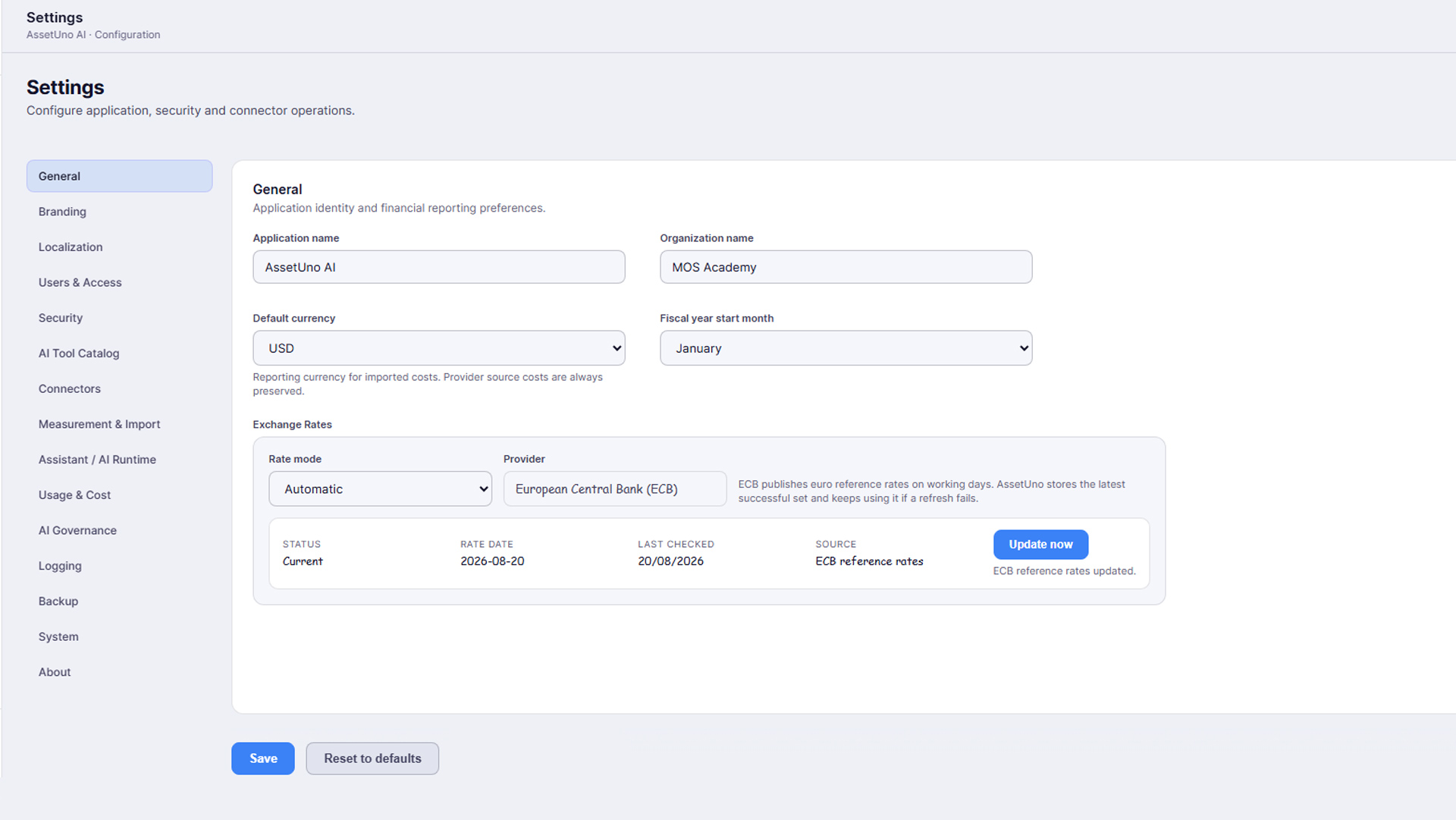 AssetUno Settings